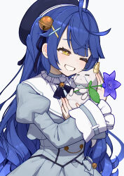 Rule 34 | 1girl, absurdres, ahoge, amamiya kokoro, bell, blue hair, blush, commentary request, creature, dress, flower, hair bell, hair ornament, hat, highres, long hair, lunch boxer, neko (amamiya kokoro), nijisanji, one eye closed, smile, virtual youtuber, yellow eyes