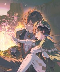 2boys aqua_eyes black_gloves black_hair blue_hair braid brown_eyes brown_hair brown_jacket capelet cup flower genshin_impact gloves gradient_hair green_capelet green_hat hair_between_eyes hair_flower hair_ornament hat hat_flower highres holding holding_cup jacket jewelry kkopoli long_hair long_sleeves male_focus multicolored_hair multiple_boys necktie open_mouth pants pantyhose shorts smile twin_braids venti_(genshin_impact) white_necktie white_pantyhose zhongli_(genshin_impact)