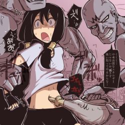 Rule 34 | 1girl, 2boys, absorption, bald, bike shorts, black hair, breasts, dragon ball, dragonball z, fingerless gloves, gloves, long hair, multiple boys, nns (sobchan), open mouth, restrained, saliva, shorts, grey eyes, spopovich, tears, translation request, twintails, videl, yamu