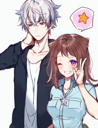 1boy 1girl arm_behind_head asahi_nayuta bang_dream! black_jacket blue_shirt breasts brown_hair closed_mouth collared_shirt crossover dress_shirt from_argonavis grey_hair grin hair_between_eyes hair_ornament hand_up jacket jewelry long_hair long_sleeves medium_breasts mizukikushou necklace one_eye_closed open_clothes open_jacket puffy_long_sleeves puffy_sleeves purple_eyes red_eyes shirt simple_background smile spoken_star star_(symbol) star_hair_ornament star_necklace toyama_kasumi w white_background white_shirt