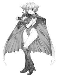 Rule 34 | 1girl, armor, boots, cameltoe, cape, faye, female focus, final fantasy, final fantasy mystic quest, fingerless gloves, full body, gloves, greyscale, high heels, highres, kneehighs, mizuryu kei, monochrome, shoes, short hair, shoulder pads, simple background, socks, solo