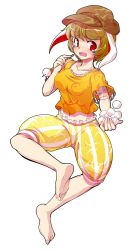1girl alphes_(style) animal_ears barefoot blonde_hair blush breasts commentary_request dairi dango flat_cap floppy_ears food full_body hat holding large_variant_set medium_breasts midriff navel orange_shirt pants parody rabbit_ears ringo_(touhou) shirt skewer soles solo style_parody tachi-e toes touhou transparent_background variant_set wagashi