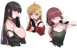 3boys 3girls ahoge blonde_hair bocchi_the_rock! braid braided_ponytail breasts censored commentary_request fellatio highres hiroi_kikuri ijichi_seika large_breasts large_penis long_hair medium_breasts multiple_boys multiple_girls nipples open_mouth oral own_cum_in_mouth pa-san penis red_hair simple_background tongue tongue_out upper_body uuuron_cha white_background
