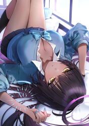 1girl absurdres black_socks blue_archive blue_nails blue_skirt blush breasts cleavage closed_mouth collared_shirt commentary_request dark-skinned_female dark_skin halo hane_yuki highres karin_(blue_archive) large_breasts long_hair long_sleeves looking_at_viewer lying miniskirt nail_polish on_back pleated_skirt purple_hair purple_halo shirt skirt socks solo thighs white_shirt yellow_eyes