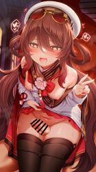 1boy 1girl absurdres blush breasts brown_hair censored chinese_clothes clothes_lift dress dress_lift erection eyewear_on_head flower-shaped_pupils genshin_impact gluteal_fold grinding hair_between_eyes hat hetero highres hu_tao_(cherries_snow-laden)_(genshin_impact) hu_tao_(genshin_impact) jewelry lifting_own_clothes long_hair long_sleeves m-da_s-tarou navel official_alternate_costume open_mouth panties penis red_eyes ring round_eyewear small_breasts smile sunglasses symbol-shaped_pupils thigh_gap thigh_sex thighhighs thighs twintails underwear v
