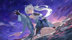 Rule 34 | 1girl, absurdres, akechi mitsuki, armpits, between legs, black shoes, blue eyes, blue kimono, crossed bangs, dress, fingerless gloves, floating hair, gloves, grey hair, halterneck, hand between legs, hand up, highres, japanese clothes, kimono, long hair, looking afar, nail polish, off shoulder, official art, okobo, open clothes, open kimono, outstretched arm, outstretched hand, parted lips, platform sandals, print kimono, sandals, shoes, sitting, sky, solo, star (sky), starry sky, sunset, toenail polish, toenails, two-sided fabric, unifee, virtual youtuber, wariza, white dress, yakihoko