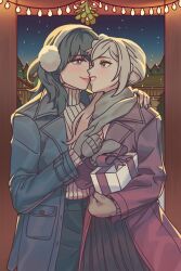 2girls blue_coat blue_eyes blue_hair female_byleth_(fire_emblem) coat commentary contemporary earmuffs edelgard_von_hresvelg fire_emblem fire_emblem:_three_houses gift grin highres holding holding_gift mittens multiple_girls nintendo radiostarkiller red_coat scarf short_hair smile white_hair yuri