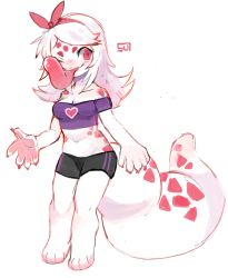 1girl absurdres animal_feet animal_hands blush bow bow_hairband colored_skin cropped_shirt full_body furry furry_female gecko gym_shorts hairband heart heart_print highres large_tail lizard_tail long_hair long_tongue looking_at_viewer midriff navel off-shoulder_shirt off_shoulder one_eye_closed original purple_shirt red_bow red_eyes red_hairband shirt short_sleeves shorts signature smile solo standing sui_(suizilla) tail tongue white_hair white_skin