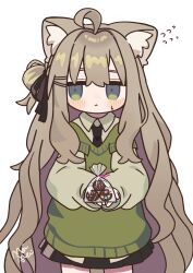 1girl :&lt; =_hair_ornament ahoge animal_ear_fluff animal_ears bag black_necktie black_ribbon black_skirt blush brown_hair cat_ears chocolate closed_mouth cowboy_shot deformed embarrassed flying_sweatdrops food gift green_eyes green_vest hair_ornament hair_ribbon hairclip hand_on_own_hip highres holding holding_bag holding_chocolate holding_food holding_gift kipfel_(vrchat) long_hair looking_to_the_side necktie plastic_bag ribbon shirt signature simple_background skirt solo tokyoraim valentine very_long_hair vest vrchat white_background white_shirt