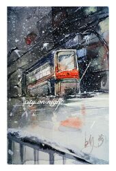 Rule 34 | border, fence, highres, ice, kong tiao bo zi, lamppost, night, night sky, no humans, original, outdoors, painting (medium), scenery, signature, sky, snow, snowing, traditional media, train, train station platform, watercolor (medium), white border, winter