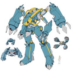 1girl armor black_sclera blue_armor claws colored_sclera creature_and_personification extra_arms full_body gen_3_pokemon highres mecha mecha_focus mega_metagross mega_pokemon metagross metang multicolored_armor nintendo official_art_inset personification pokemon red_eyes rikodamu1 robot simple_background size_comparison standing white_background yellow_armor