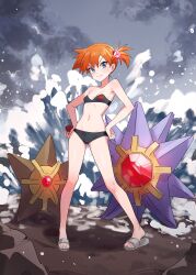 1girl absurdres asymmetrical_hair bare_arms bare_legs bare_shoulders bikini blue_bikini blue_eyes blush breasts cleavage closed_mouth cloud collarbone eyelashes feet gen_1_pokemon groin gym_leader hair_bobbles hair_ornament hands_on_own_hips highres holding holding_poke_ball legs looking_at_viewer misty_(pokemon) navel nintendo ocean one-piece_swimsuit orange_hair outdoors poke_ball poke_ball_(basic) pokemon pokemon_(anime) pokemon_(classic_anime) pokemon_rgby ponytail rock sand sandals short_hair side_ponytail sky small_breasts smile solo spread_legs standing starmie staryu strapless strapless_bikini strapless_one-piece_swimsuit swimsuit thighs toes water waves