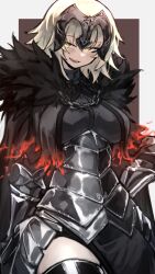 1girl absurdres armor armored_dress black_cape black_dress black_thighhighs breasts cape chain commentary dress english_commentary fate/grand_order fate_(series) fur-trimmed_cape fur_trim gauntlets grey_hair headpiece highres jeanne_d&#039;arc_alter_(avenger)_(fate) jeanne_d&#039;arc_alter_(avenger)_(first_ascension)_(fate) jeanne_d&#039;arc_alter_(fate) large_breasts looking_at_viewer plackart shigezie short_hair smile solo thighhighs thighs yellow_eyes