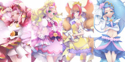 4girls absurdres akagi_towa amanogawa_kirara arm_warmers arms_up back_bow belt blonde_hair blue_eyes blue_hair blue_skirt boots bow brown_hair column_lineup cowboy_shot cure_flora cure_mermaid cure_scarlet cure_twinkle detached_sleeves dress earrings flower flower_earrings flower_necklace gloves go!_princess_precure gradient_hair green_eyes hair_ornament hair_scrunchie haruno_haruka highres jewelry kaidou_minami layered_dress looking_at_viewer magical_girl multicolored_hair multiple_girls necklace nijigami_rin parted_bangs petticoat pink_bow pink_dress pink_hair precure purple_eyes purple_hair red_eyes red_hair red_sleeves scrunchie shell shell_earrings short_dress skirt smile standing star_(symbol) star_earrings streaked_hair thigh_boots thigh_gap thighhighs twintails two-tone_hair waist_bow white_background white_gloves yellow_bow yellow_scrunchie
