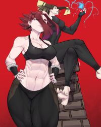 2girls abs absurdres highres limn044 magic multiple_girls muscular muscular_female muscular_legs olga_(limn044) original red_background roxan_(limn044) simple_background tank_top