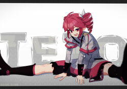 1girl ahoge belt black_belt black_sleeve_cuffs bow drill_hair fin_gocco grey_jacket grey_skirt hair_bow hair_ribbon highres jacket kasane_teto kasane_teto_(sv) layered_skirt layered_sleeves long_sleeves on_floor open_mouth red_eyes red_hair red_skirt red_trim ribbon shoulder_belt shoulder_boards simple_background sitting skirt solo striped_clothes striped_skirt synthesizer_v teeth twin_drills upper_teeth_only utau white_background white_bow white_ribbon