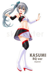 1girl alternate_costume arm_warmers breasts brown_eyes character_name choker full_body grey_hair highres kantai_collection kasumi_(kancolle) long_hair multicolored_skirt multicolored_thighhighs navel race_queen red_choker side_ponytail simple_background skirt skypixter small_breasts smile solo strapless tube_top watermark white_background