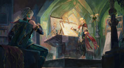 2boys absurdres alhaitham_(genshin_impact) black_gloves black_pants black_shirt blonde_hair blue_sash blueprint_(object) book book_stack bookshelf canvas_(object) cape commentary cup earrings elbow_gloves english_commentary facing_away feather_hair_ornament feathers fingerless_gloves from_behind genshin_impact gloves green_cape grey_hair hair_between_eyes hair_ornament headphones highres holding holding_cup holding_pencil indoors inkwell jewelry kaveh_(genshin_impact) long_hair looking_at_another male_focus mehrak_(genshin_impact) multiple_boys niluhong open_mouth pants paper pencil quill red_cape red_eyes sash scenery set_square shirt shoes short_hair sidelocks sitting sleeveless sleeveless_shirt standing suitcase table very_long_hair vision_(genshin_impact) white_footwear white_shirt window
