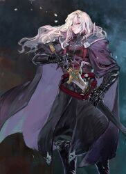 1boy absurdres armor belt black_armor black_boots black_cape black_pants black_shirt blue_bow boots bow cape character_request closed_mouth commentary drawing_sword feet_out_of_frame floating_hair frown garter_straps hair_between_eyes hair_over_one_eye half-closed_eyes highres holding holding_sword holding_weapon long_bangs long_hair looking_at_viewer male_focus pants red_belt red_eyes rein00 rhapsody_of_zephyr scabbard sheath shirt smoke solo standing sword the_war_of_genesis waist_cape weapon white_hair