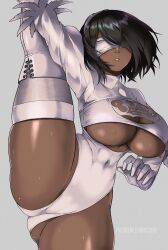 1girl 2p_(nier:automata) alternate_skin_color artist_name ass black_hair blindfold breasts curvy dark-skinned_female dark_skin flexible gluteal_fold highres huge_breasts large_breasts leg_up leotard lips mole mole_under_mouth nier nier:automata nier_(series) noxcuro short_hair signature solo split standing standing_on_one_leg standing_split thick_thighs thighhighs thighs underboob white_background white_leotard