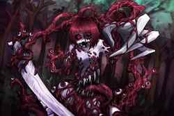 1girl commentary_request extra_mouth fear_(ray-k) female_focus forest glowing looking_at_viewer monster_girl nature ray-k red_eyes red_hair sharp_teeth short_hair solo teeth