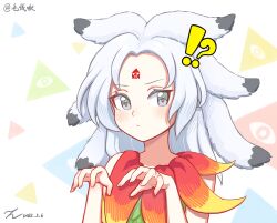 !? 1girl :/ absurdres blush claw_pose closed_mouth dress facial_mark forehead_mark fossilized_wonders grey_eyes highres houjuu_chimi kiri_(maoxianjiu) long_hair looking_at_viewer parted_bangs signature sleeveless sleeveless_dress solo touhou triangle_background upper_body white_background white_hair