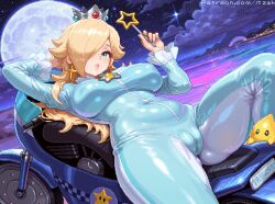 1girl blonde_hair blue_bodysuit blue_eyes blue_nails bodysuit breast_apart breasts cameltoe city_lights cloud commentary_request covered_clitoris covered_erect_nipples covered_navel crown hair_over_one_eye holding holding_wand itzah looking_at_viewer lying medium_breasts moon motor_vehicle motorcycle nail_polish night nintendo ocean on_motorcycle open_mouth parted_lips pixel_art rosalina sky solo star_(sky) star_wand thighs wand