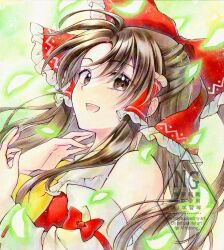 Rule 34 | 1girl, alto2019, bare shoulders, bow, brown eyes, brown hair, detached sleeves, hair ornament, hair tubes, hakurei reimu, hand on own neck, hand up, highres, long hair, looking at viewer, open mouth, red bow, red shirt, shirt, smile, solo, teeth, touhou, traditional media, upper body, upper teeth only, watermark