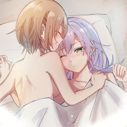 2girls aftersex aoi11_luyu bite_mark blonde_hair blush breasts collarbone green_eyes grey_hair hair_ornament hair_over_one_eye hair_over_shoulder hairclip heaven_burns_red highres izumi_yuki_(heaven_burns_red) kayamori_ruka long_hair multiple_girls nude pillow red_eyes short_hair yuri