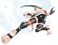 1girl anby_demara anby_demara_(silver_soldier) ass breasts eiji_(eiji) feet fingerless_gloves foot_focus gloves highres holding holding_sword holding_weapon lightning medium_breasts official_alternate_costume solo stirrup_legwear sword toeless_legwear weapon white_hair zenless_zone_zero