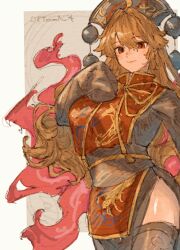 Rule 34 | 1girl, absurdres, artist name, black dress, black thighhighs, blonde hair, chinese clothes, closed mouth, dalachi (headdress), dress, hair between eyes, highres, junko (touhou), long hair, oftooon, red eyes, red tabard, ribbon, smile, solo, tabard, thighhighs, thighs, touhou, very long hair, very long sleeves