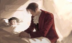 2boys ace_attorney ascot bed black_hair closed_eyes curtained_hair formal_clothes frown guzaeolos highres hospital_bed jacket long_sleeves looking_at_another looking_down lying male_focus miles_edgeworth multiple_boys on_back own_hands_together phoenix_wright red_jacket red_suit sad shang_xiao_(slick321) sitting sleeping suit sunlight unconscious under_covers white_ascot