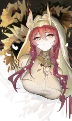 1girl absurdres arknights armored_gloves ascalon_(arknights) ascalon_(phototaxis)_(arknights) breasts cape capelet chinese_commentary collar collared_cape commentary_request demon_girl demon_horns dreamerdlt dress flower hair_between_eyes highres hood hooded_cape horns large_breasts long_hair long_sidelocks long_sleeves looking_to_the_side official_alternate_costume orange_eyes parted_lips red_hair sidelocks solo sunflower taut_clothes taut_dress tears upper_body very_long_sidelocks wide_sleeves yellow_cape yellow_collar yellow_dress yellow_horns