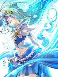 1girl arm_warmers blue_hair blue_skirt bow bubble clear_glass_(mildmild1311) closed_eyes cure_mermaid earrings go!_princess_precure highres jewelry kaidou_minami long_hair magical_girl midriff multicolored_hair navel necklace precure purple_hair shell shell_earrings skirt solo streaked_hair tiara two-tone_hair very_long_hair waist_bow water