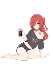 1girl absurdres arm_support artist_name barefoot black_shirt black_shorts blush bocchi_the_rock! can commentary_request dolphin_shorts drink_can drunk flat_chest green_eyes highres holding holding_can kita_ikuyo looking_at_viewer medium_hair midriff minusk9 navel nipple_slip nipples no_bra nose_blush one_side_up red_hair shirt short_shorts short_sleeves shorts simple_background single_bare_shoulder single_off_shoulder sitting solo squeans white_background yokozuwari