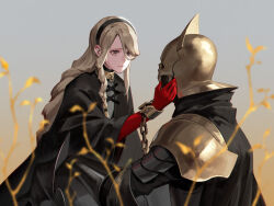 1boy 1girl armor black_cape black_cloak black_dress black_headband blonde_hair braid brown_eyes cape chain cloak cuffs dress gauntlets gloves gold_chain gold_choker hand_on_another&#039;s_cheek hand_on_another&#039;s_face hand_on_another&#039;s_waist headband helm helmet highres jiro_(ninetysix) light_frown long_hair original pauldrons red_gloves shackles shoulder_armor single_pauldron very_long_hair