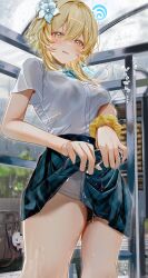 1girl absurdres alternate_costume artist_name black_panties black_skirt blonde_hair blush bra_visible_through_clothes breasts character_charm charm_(object) clothes_lift commentary_request drying drying_clothes flower from_below genshin_impact hair_flower hair_ornament highres kabu_usagi large_breasts looking_at_viewer lumine_(genshin_impact) open_mouth paid_reward_available paimon_(genshin_impact) panties pantyshot scrunchie shirt short_hair short_hair_with_long_locks short_sleeves signature skirt skirt_hold skirt_lift solo taking_shelter thighs translated underwear wet wet_clothes wet_shirt white_flower white_shirt wringing_clothes wringing_skirt wrist_scrunchie yellow_eyes yellow_scrunchie