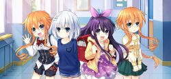 4girls :o aged_down bag blue_eyes braid date_a_live date_a_live:_spirit_pledge drawstring dress drill_hair game_cg hair_between_eyes hair_ornament hairclip hood hoodie indoors light_rays long_hair looking_at_viewer multiple_girls official_art open_mouth orange_hair school_bag short_hair siblings sidelocks smile sunbeam sunlight third-party_source tobiichi_origami twins white_hair yamai_kaguya yamai_yuzuru yatogami_tohka yellow_hoodie