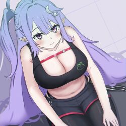 1girl absurdres bare_arms black_pantyhose black_shorts black_sports_bra blush breasts chest_strap cleavage closed_mouth crescent crescent_hair_ornament eepy_sleepy eepy_sleepy_(sleepy_2.0) hair_ornament hand_on_own_thigh highres kan_(kannanii) large_breasts long_hair navel pantyhose phase_connect pointy_ears purple_eyes purple_hair shorts sitting solo sports_bra star_(symbol) star_hair_ornament stomach virtual_youtuber
