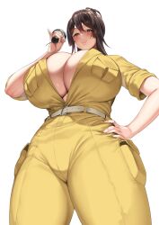 1girl absurdres april_o&#039;neil belt black_hair breasts brown_eyes cleavage closed_mouth commentary_request curvy from_behind hair_between_eyes hakai_shin hand_on_own_hip highres holding huge_breasts jumpsuit looking_at_viewer looking_down original short_sleeves simple_background smile solo standing thick_thighs thighs white_background wide_hips yellow_jumpsuit