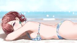 1girl bikini blurry blurry_background blush bokeh braid braided_bangs breasts brown_hair closed_mouth commentary_request depth_of_field earrings floral_print_bikini highres higuchi_madoka horizon idolmaster idolmaster_shiny_colors jewelry looking_at_viewer lying medium_breasts mole mole_under_eye nonbire o-ring o-ring_bikini o-ring_top ocean on_stomach outdoors purple_eyes short_hair smile solo swimsuit