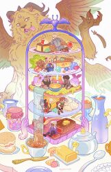 &gt;_&lt; 2girls 6+boys ambrosia_(dungeon_meshi) armor steamed_bun beard black_hair blonde_hair brown_hair burger butter cat_girl cheese cherry chilchuck_tims commentary cooking cup cutlery dark-skinned_male dark_skin demon_horns dungeon_meshi dwarf egg_(food) english_commentary facial_hair fake_horns fish food fruit furry furry_male gem helmet highres horned_helmet horns izutsumi jewelry kabru kensuke_(dungeon_meshi) laios_touden long_beard mandragora marcille_donato mini_person miniboy minigirl multiple_boys multiple_girls multiple_horns necklace pearl_necklace plate plate_armor seiza senshi_(dungeon_meshi) signature sitting snail_soup strawberry tart_slice teacup teapot third_eye thistle_(dungeon_meshi) tomato tongue tongue_out very_long_beard water waterfall white_background winged_lion_(dungeon_meshi) wings yellow_eyes yellow_fur