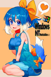 1girl absurdres animal_ears animal_hands blue_dress blue_eyes blue_gloves blue_hair blue_shoes bow collar dog_ears dog_girl dog_tail dress floppy_ears gloves hair_bow heart highres inu-t long_hair microsoft_windows nt-tan open_mouth os-tan paw_gloves ponytail ribbon shoes sitting sleeveless sleeveless_dress smile solo spoken_heart tail tsukiyono_aroe windows_logo yellow_ribbon