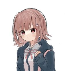 Rule 34 | 1girl, blush, brown hair, chayucha o0, collared shirt, danganronpa (series), danganronpa 2: goodbye despair, galaga, hair ornament, hand up, hood, hood down, hooded jacket, jacket, medium hair, nanami chiaki, neck ribbon, open clothes, open jacket, pink eyes, pink ribbon, ribbon, shirt, simple background, solo, white background