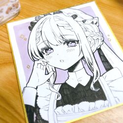 1girl absurdres apron blush braid commentary_request dress frilled_apron frills goshi-san hair_between_eyes highres juliet_sleeves limited_palette long_sleeves maid original photo_(medium) puffy_sleeves purple_eyes solo traditional_media