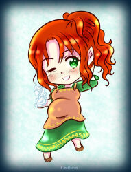 Rule 34 | 1girl, apron, artist name, breasts, chibi, cinemairon, dress, elf, eyebrows hidden by hair, eyelashes, female focus, freckles, full body, green dress, green eyes, looking at viewer, nerdanel, one eye closed, orange hair, parted lips, pointy ears, pregnant, sculpture, solo, standing, teeth, the silmarillion, tolkien&#039;s legendarium, wink