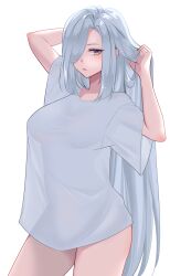1girl absurdres arm_behind_head arm_up blue_eyes breasts bright_pupils closed_mouth commentary cowboy_shot english_commentary genshin_impact grey_hair hair_over_one_eye highres large_breasts long_hair looking_at_viewer multicolored_eyes pr_ponnyan see-through_silhouette shenhe_(genshin_impact) shirt sidelocks simple_background solo two-tone_eyes very_long_hair white_background white_pupils white_shirt