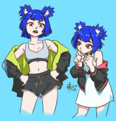 2girls alternate_costume animal_ear_fluff animal_ears bad_tag bare_shoulders bear_ears bear_girl belt black_belt black_choker black_coat black_jacket black_shorts black_trim blue_background blue_hair blunt_bangs blunt_ends blunt_sidelocks breasts buttons chest_belt choker clenched_hand closed_mouth coat cocked_eyebrow collarbone commentary contrapposto cropped_legs curled_fingers drawstring dress english_commentary eyebrows_hidden_by_hair furrowed_brow go!_go!_gris! green_coat grey_sports_bra grey_trim gris_(go!_go!_gris!) gym_shorts hair_intakes half_updo hand_on_own_chin hands_on_own_hips head_tilt height_difference highres hood hood_down hooded_coat hooded_jacket hunched_over jacket leaning_forward legs_apart long_eyelashes long_sleeves looking_at_another looking_at_viewer looking_to_the_side marcness1313 midriff multiple_girls multiple_persona narrowed_eyes navel off_shoulder open_clothes open_coat open_jacket open_mouth own_hands_together pensive pink_eyes pink_jacket pink_trim ponytail puffy_long_sleeves puffy_sleeves raised_eyebrow raised_eyebrows red_eyes short_dress short_hair short_ponytail short_shorts shorts sidelocks signature simple_background sleeveless sleeveless_dress small_breasts sports_bra standing straight-on teeth thick_eyelashes thighs timestamp two-sided_coat two-sided_fabric two-sided_jacket unbuttoned underbust upper_teeth_only v-shaped_eyebrows w_arms white_dress wide_hips