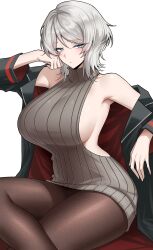 1girl absurdres alternate_costume blue_eyes breasts brown_pantyhose dress faust_(project_moon) highres limbus_company pantyhose project_moon simple_background sleeveless sleeveless_dress sleeveless_turtleneck solo turtleneck vvernerluniq white_background white_hair