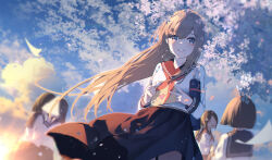 5girls black_sailor_collar black_skirt blue_eyes blue_sky blurry_edges blush brown_hair cherry_blossoms clenched_hand commentary_request cowboy_shot crying crying_with_eyes_open diploma_tube dutch_angle evening falling_petals floating_clothes floating_hair flying_paper graduation grin hair_over_shoulder highres jewelry letter long_hair long_sidelocks long_skirt long_sleeves love_letter multiple_girls neckerchief orange_clouds original paper parted_bangs petals red_lips red_neckerchief ring sailor_collar shirt sidelocks skirt sky smile solo_focus standing straight_hair streaming_tears sun sunset tears v very_long_hair white_shirt wvmao